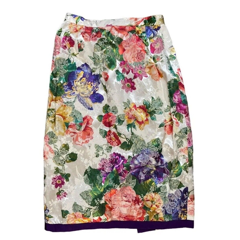 OPALIS Small Floral Satin Jacquard Pencil Skirt Cream Pink Purple Roses VTG